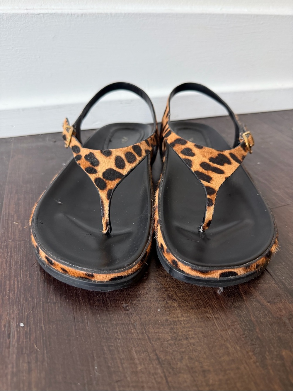 Zara Leopard-Print T-Strap Sandals - Black and Brown